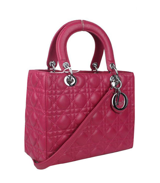 Christian Dior Small Lady Cannage Silver D Tote Bag Fuchsia Lambskin  Leather