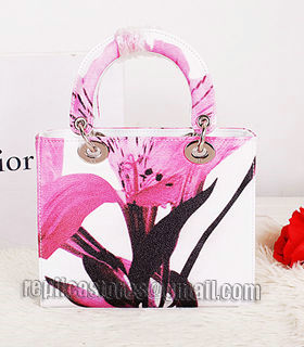 Christian Dior Small Lady Cannage Silver D Tote Bag Pink Daffodil Pattern Leather-1