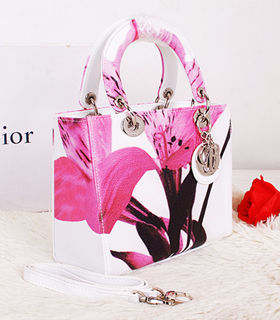 Christian Dior Small Lady Cannage Silver D Tote Bag Pink Daffodil Pattern Leather