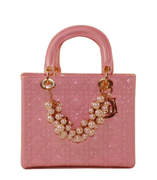Christian Dior Small Pink Patent Leather Tote With Golden Chain And Pearl