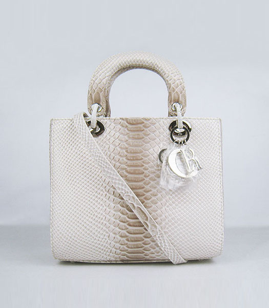 Christian Dior Small Snake Veins Messenger Tote Bag White with Grey Leather 