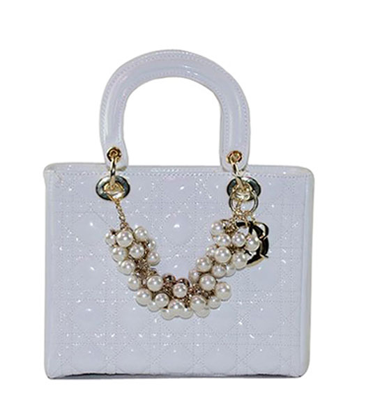 Christian Dior Small White Patent Leather Tote With Golden Chain And Pearl