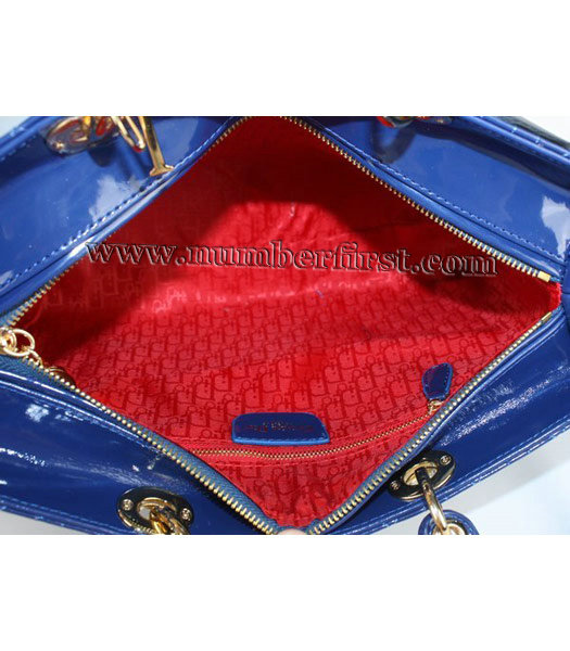 Dior Large Lady Cannage Gold D Tote Bag Blue Patent Leather-3