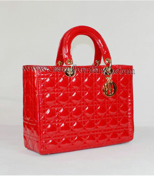 Dior Large Lady Cannage Gold D Tote Bag Red Patent Leather-1