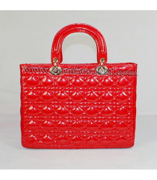 Dior Large Lady Cannage Gold D Tote Bag Red Patent Leather-2