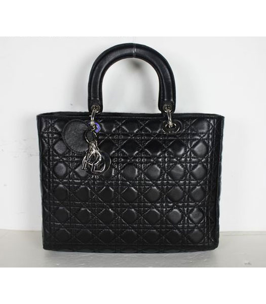 Dior Large Lady Cannage Silver D Tote Bag Black Leather