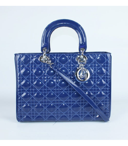 Dior Large Lady Cannage Silver D Tote Bag Blue Patent Leather