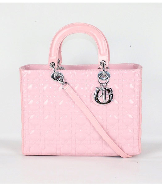 Dior Large Lady Cannage Silver D Tote Bag Pink Patent Leather