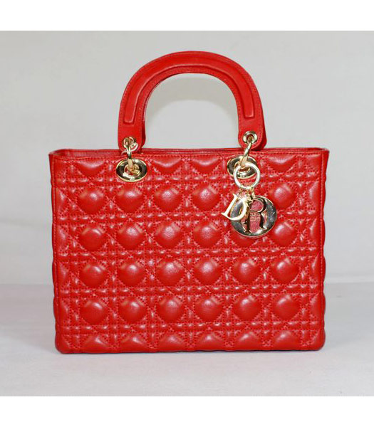 Dior Middle Lady Cannage Gold D Lambskin Tote Bag Red