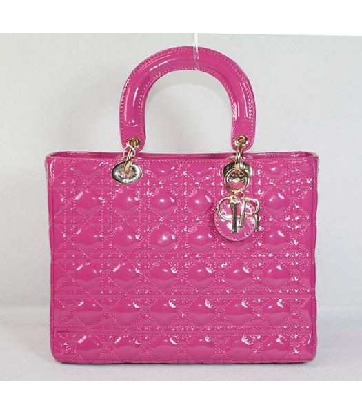 Dior Middle Lady Cannage Gold D Patent Leather Tote Bag Fuchsia