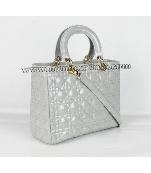 Dior Middle Lady Cannage Gold D Patent Leather Tote Bag Light Grey-1