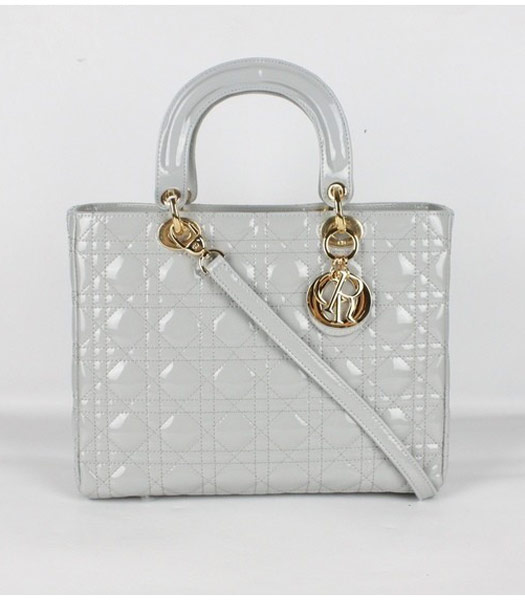 Dior Middle Lady Cannage Gold D Patent Leather Tote Bag Light Grey