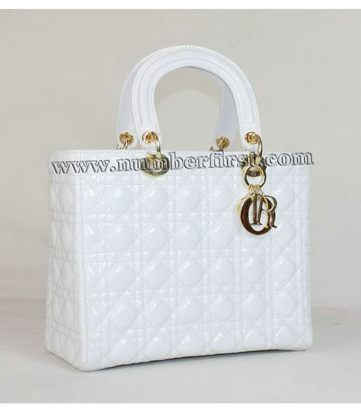 Dior Middle Lady Cannage Gold D Patent Leather Tote Bag White-1