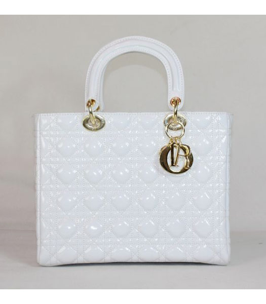 Dior Middle Lady Cannage Gold D Patent Leather Tote Bag White