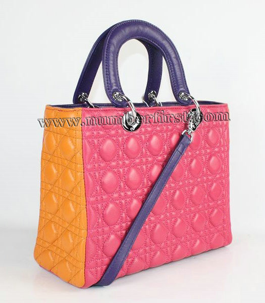 Dior Middle Lady Cannage Silver D Lambskin Tote Bag Fuchsia-1