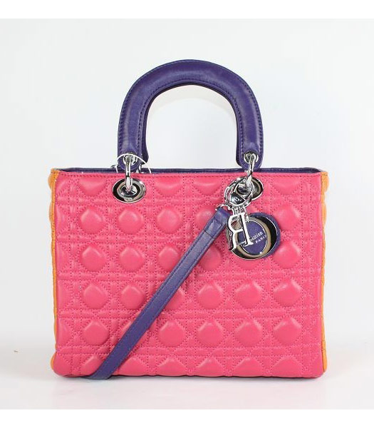 Dior Middle Lady Cannage Silver D Lambskin Tote Bag Fuchsia