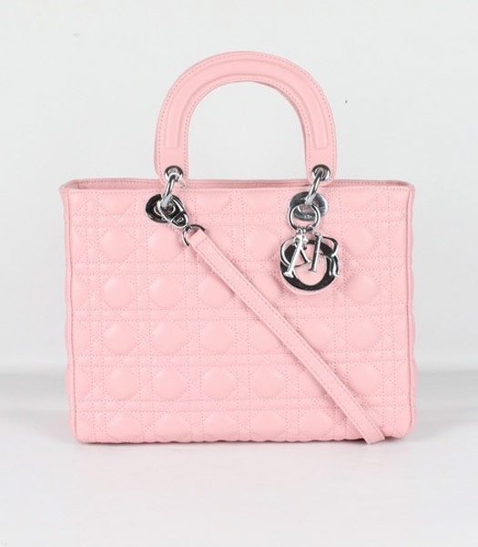 Dior Middle Lady Cannage Silver D Lambskin Tote Bag Pink