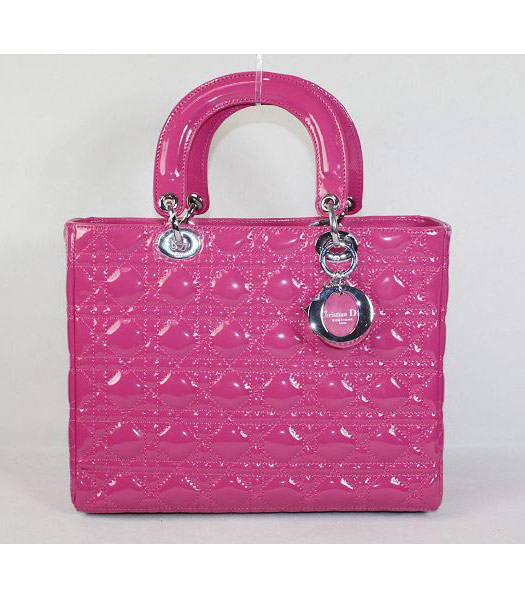 Dior Middle Lady Cannage Silver D Patent Leather Tote Bag Fuchsia