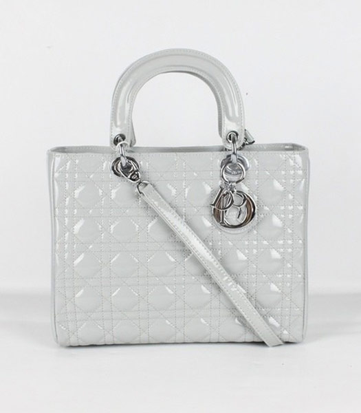 Dior Middle Lady Cannage Silver D Patent Leather Tote Bag Light Grey