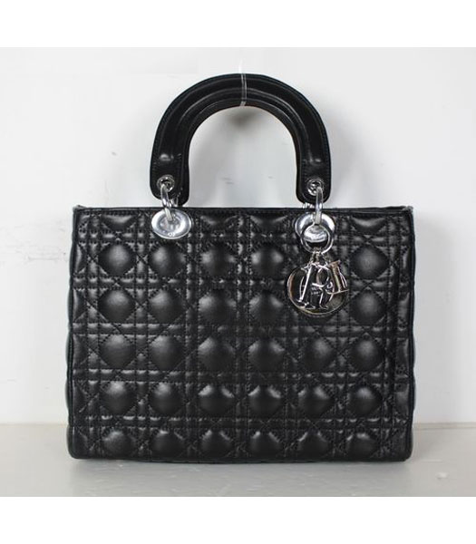 Dior Middle Quilted Lady Cannage Tote Bag Black Leather