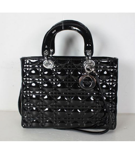 Dior Middle Quilted Lady Cannage Tote Bag Black Patent Leather
