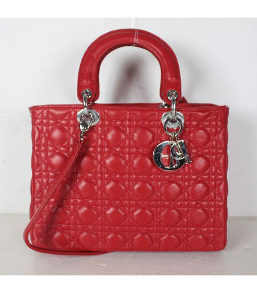 Dior Middle Quilted Lady Cannage Tote Bag Red Leather