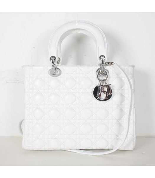 Dior Middle Quilted Lady Cannage Tote Bag White Leather