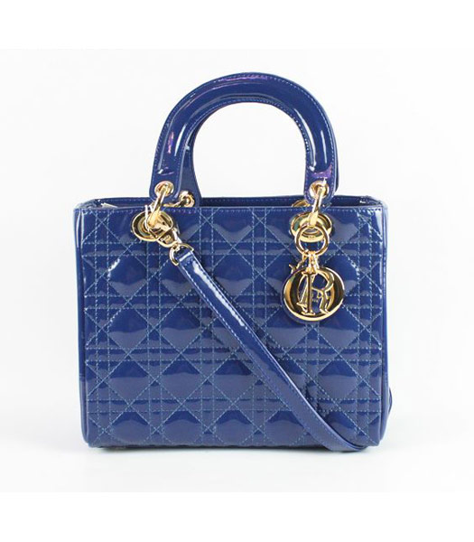 Dior Small Lady Cannage Gold D Tote Bag Blue Patent Leather