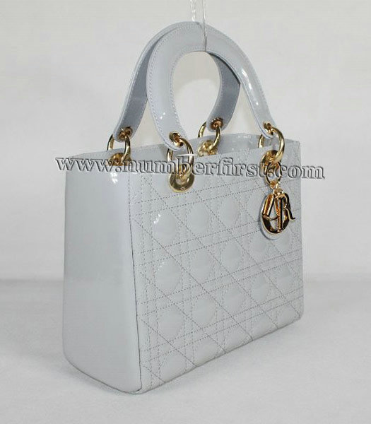 Dior Small Lady Cannage Gold D Tote Bag Grey Patent Leather-1