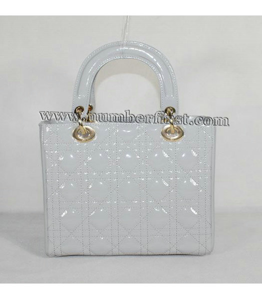 Dior Small Lady Cannage Gold D Tote Bag Grey Patent Leather-2
