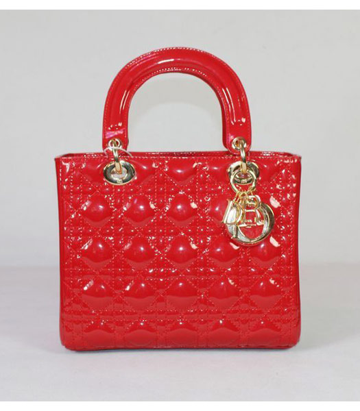 Dior Small Lady Cannage Gold D Tote Bag Red Patent Leather