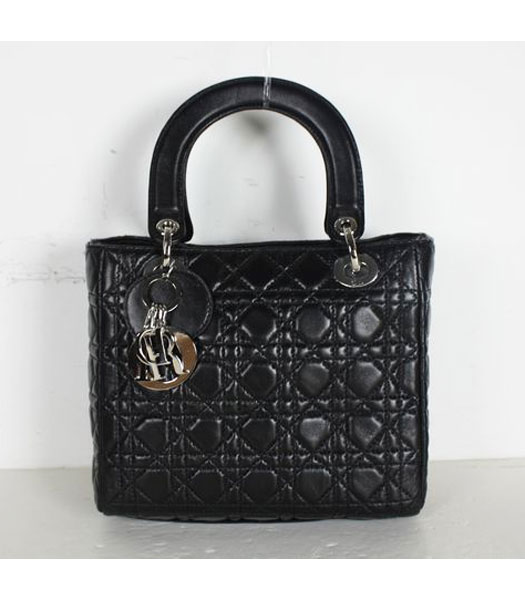 Dior Small Lady Cannage Silver D Tote Bag Black Leather