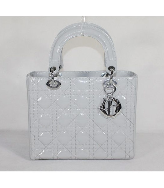Dior Small Lady Cannage Silver D Tote Bag Grey Patent Leather