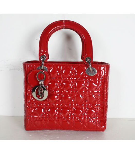 Dior Small Lady Cannage Silver D Tote Bag Red Patent Leather