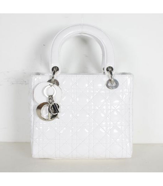Dior Small Lady Cannage Silver D Tote Bag White Patent Leather