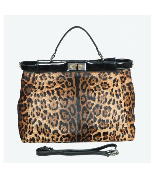 Fend Tote Bag Coffee Leopard Veins Hairs with Leather Trim