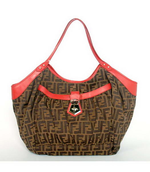 Fendi 2010 New Canvas Handbag with Red Leather Trim