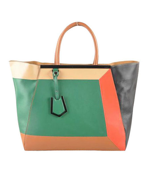 Fendi 2jours FF Fabric With Dark Coffee Cross Veins Leather Tote Bag