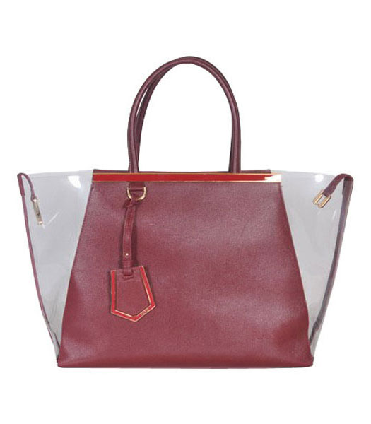 Fendi 2jours Transparent Plastic With Dark Red Cross Veins Leather Tote Bag