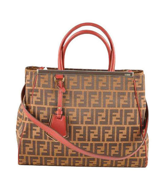Fendi 2jours Zucca Canvas With Red Leather Tote Bag