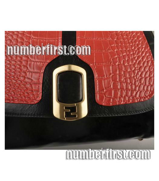 Fendi Anna Black Oil Leather with Red Croco Shoulder Bag-4