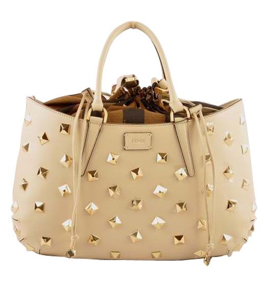 Fendi B Fab Studded Ferrari Leather With Golden Jeweled Large Tote Bag Offwhite