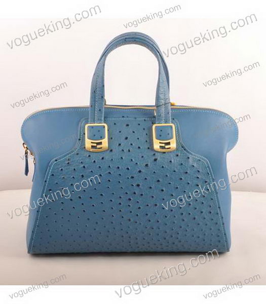 Fendi Blue Ostrich Veins Leather Tote Bag-2