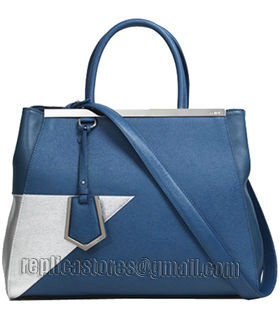 Fendi Blue/Silver Cross Veins Leather Medium Tote Bag-2-5