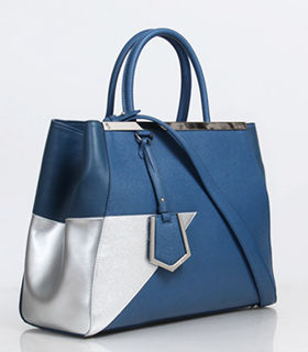 Fendi Blue/Silver Cross Veins Leather Medium Tote Bag-2