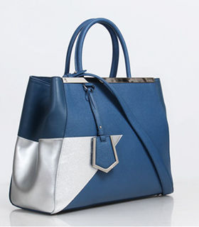 Fendi Blue/Silver Cross Veins Leather Small Tote Bag-2