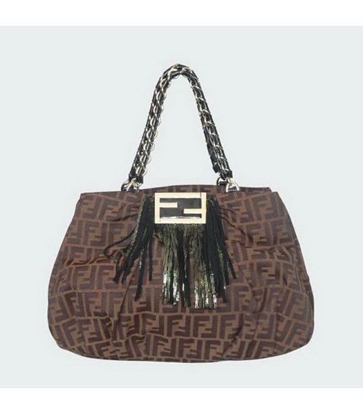 Fendi Canvas Handbag with Black Patent Leather Tassel Trim