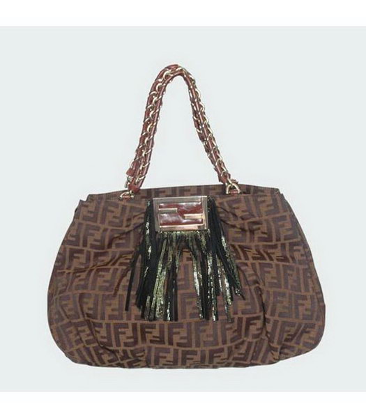 Fendi Canvas Handbag with Coffee Patent Leather Tassel Trim