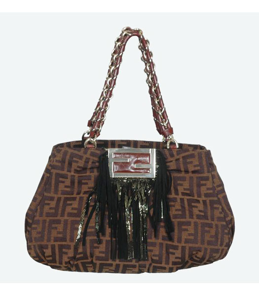 Fendi Canvas Tassel Handbag with Coffee Leather Trim