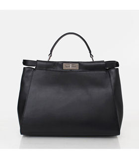 Fendi Cat Pattern Black Leather Large Tote Bag